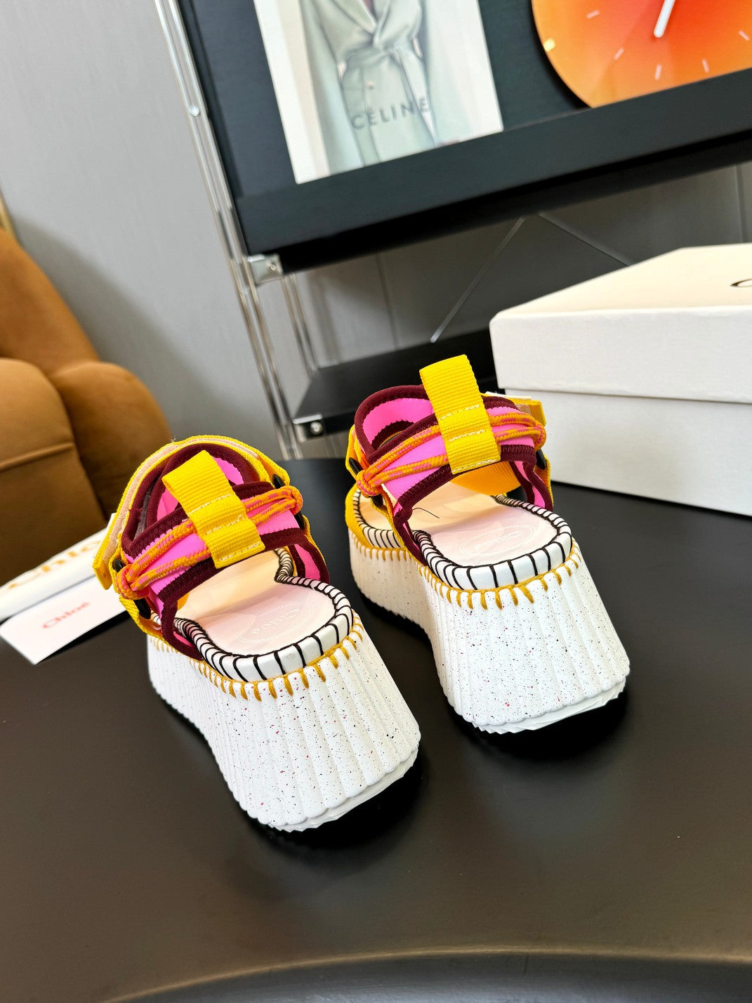 NAMA WEDGE SANDALS IN BRIGHT YELLOW FABRIC AND WHITE RUBBER