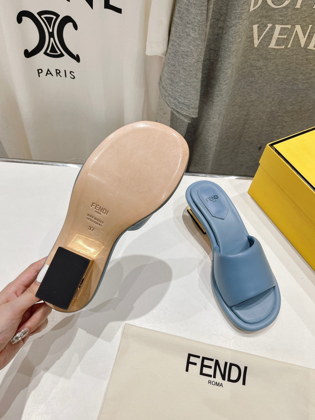 FENDI BAGUETTE MEDIUM-HEEL SANDALS 45 MM IN CERULEAN BLUE CALFSKIN
