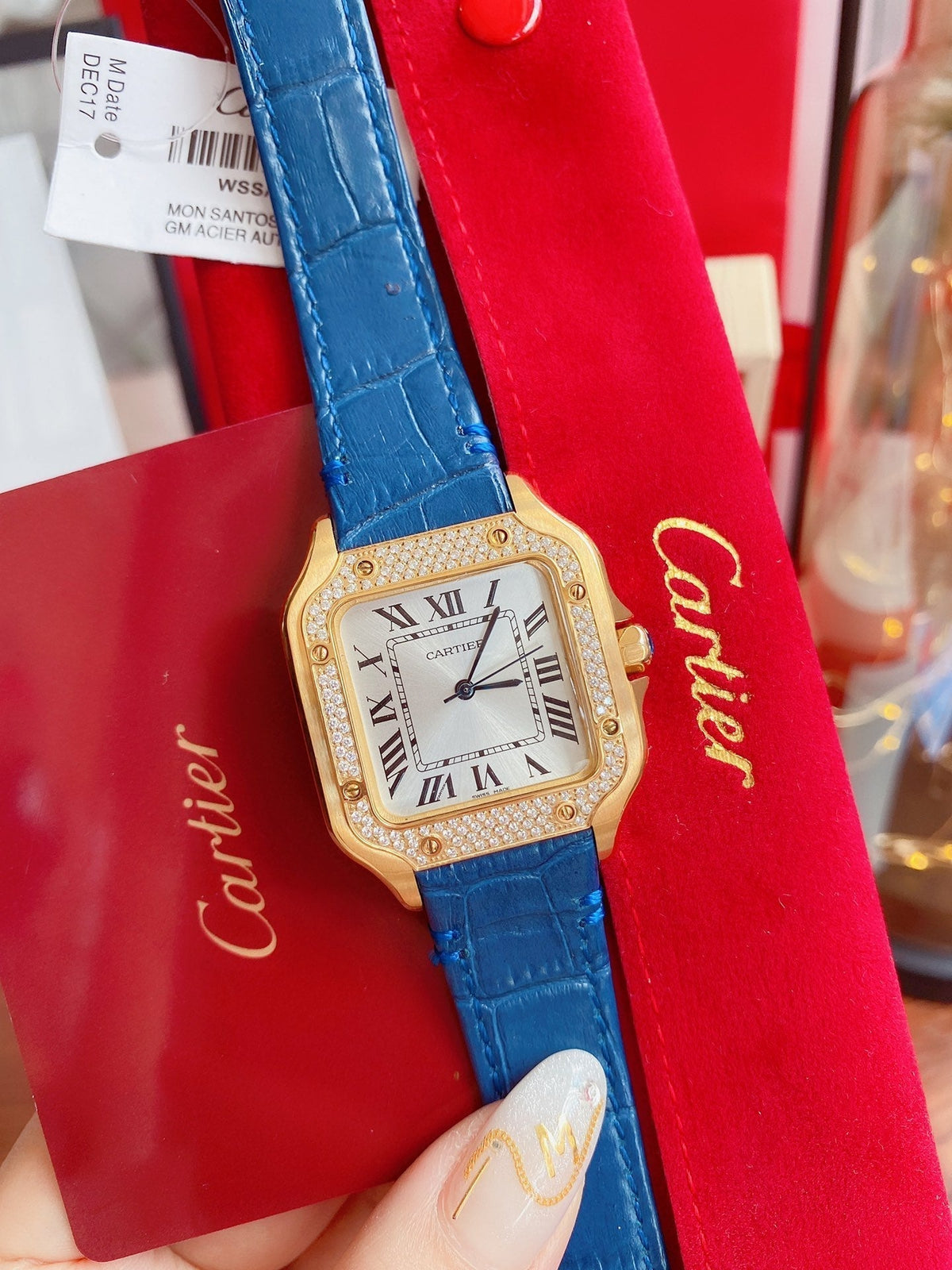 SANTOS LADY 35MM QUARTZ 35MM GOLD CASE DIAMOND BEZEL LEATHER