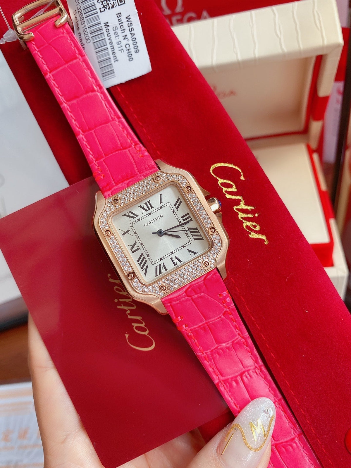 SANTOS LADY 35MM QUARTZ ROSE GOLD CASE DIAMOND BEZEL LEATHER