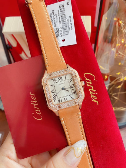 SANTOS LADY 35MM QUARTZ ROSE GOLD CASE DIAMOND BEZEL LEATHER