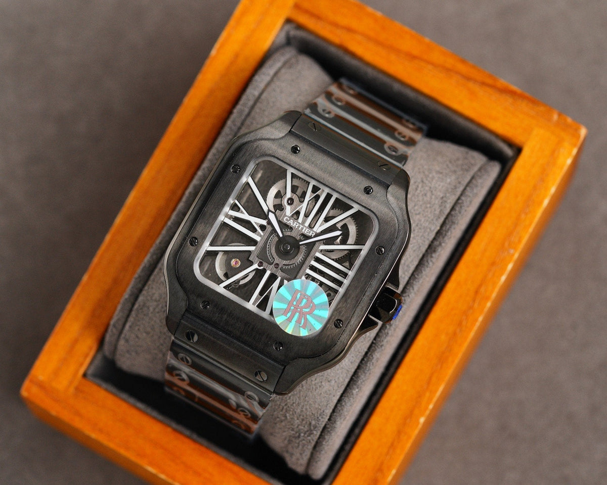 SANTOS DE CARTIE STAINLES STEEL SKELETON DIAL ALL BLACK