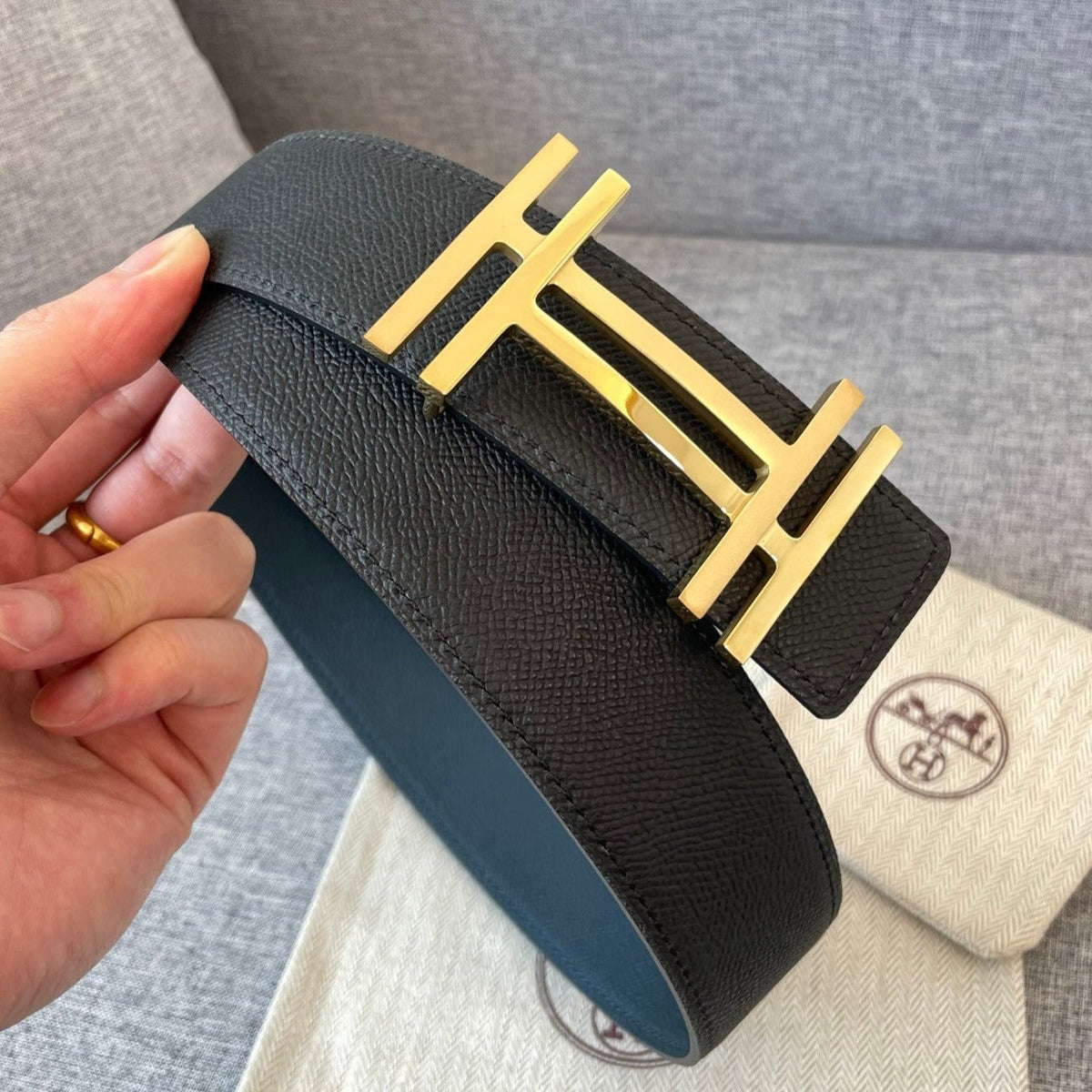 DOUBLE H 38MM BLACK BLUE LEATHER