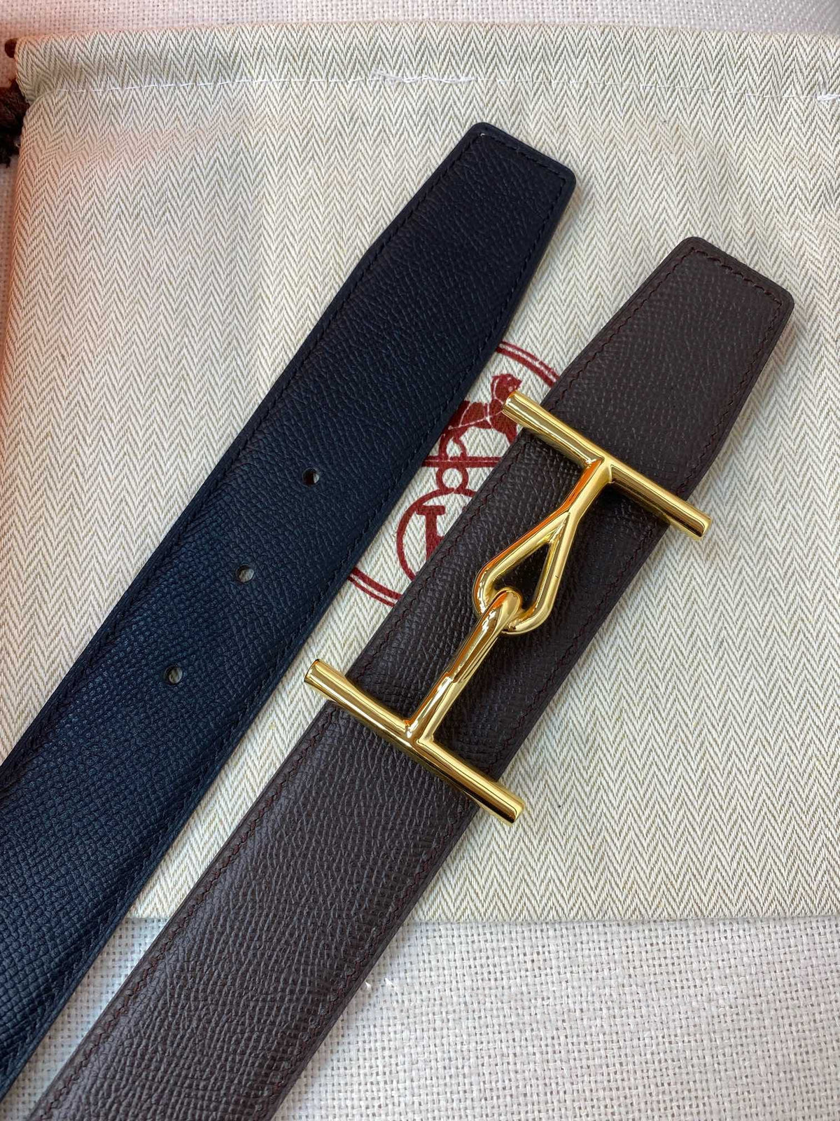 H JUMBO BELT 38MM GOLD BUCKLE DARK BLUE ETOUPE LEATHER