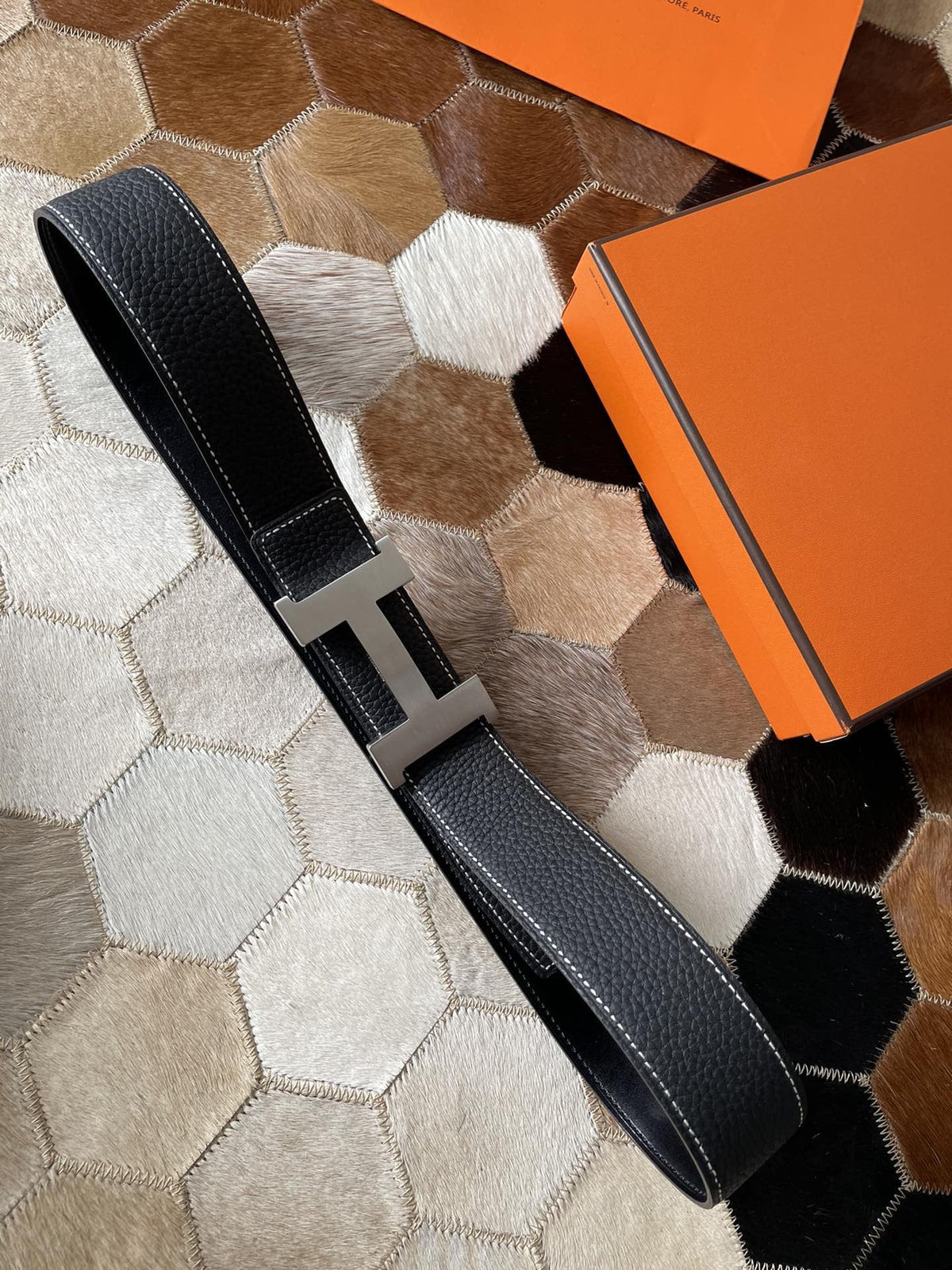 H CONTANCE BELT 38MM SILVER BUCKLE BLACK LEATHER