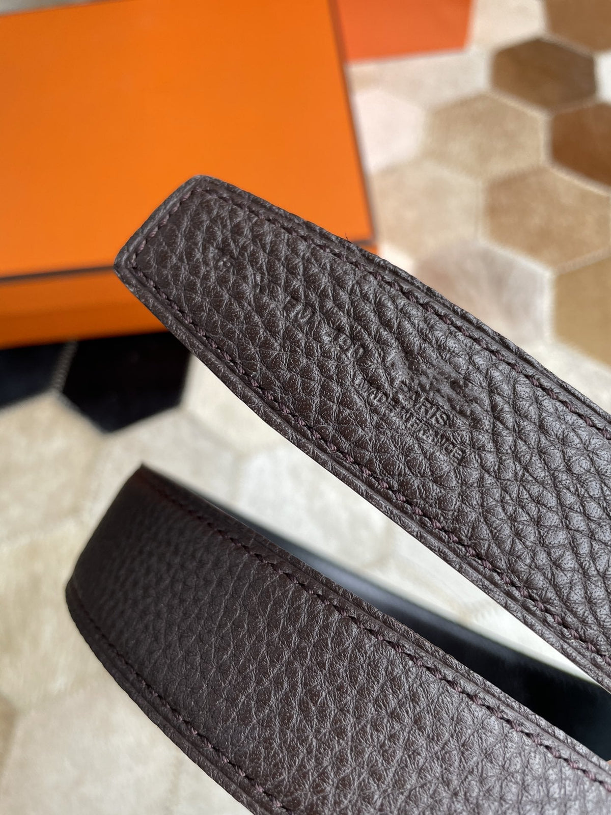 H CONTANCE BELT 32MM GOLD BUCKLE BLACK DARK BROWN LEATHER