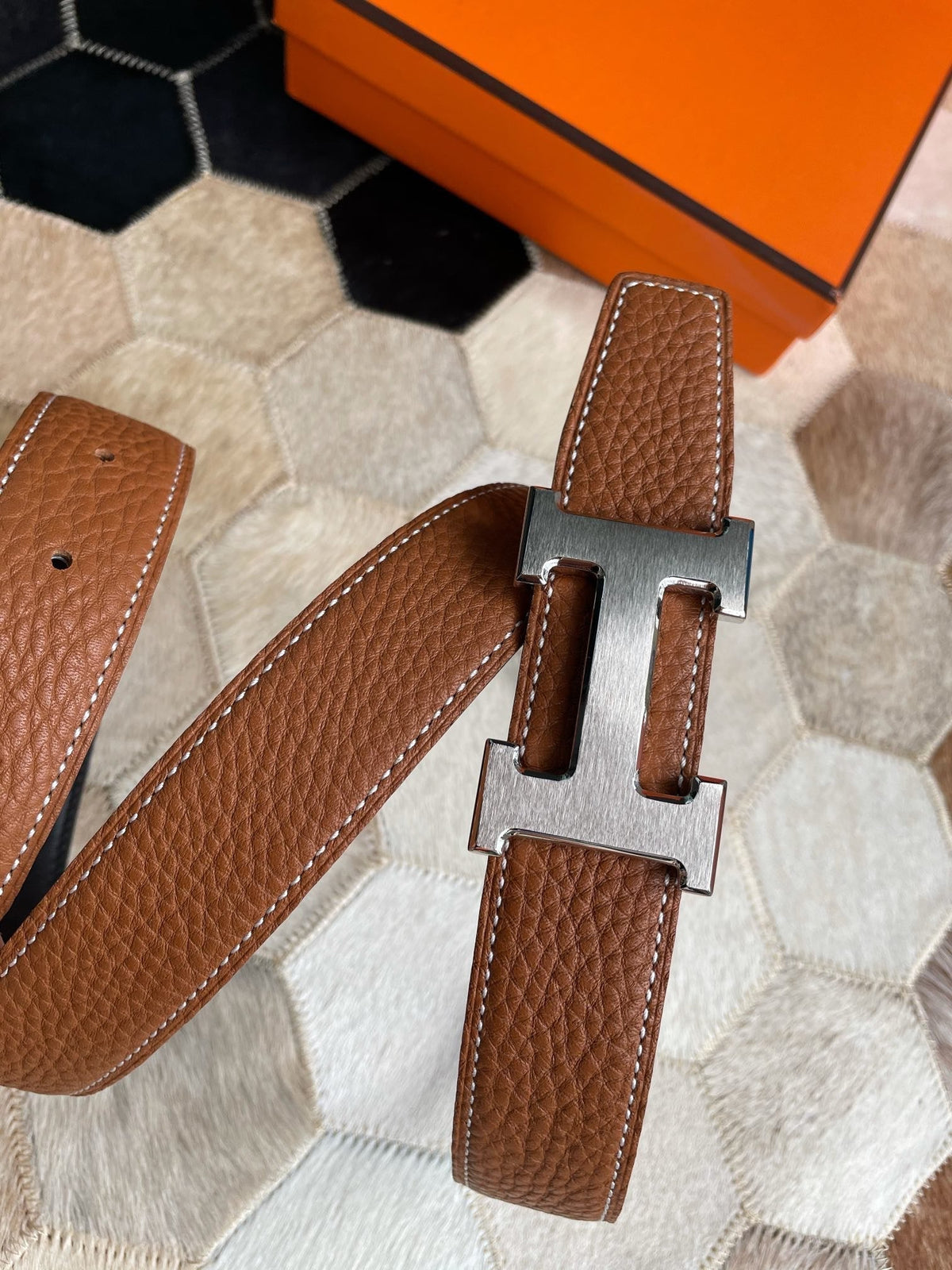 H CONTANCE BELT 32MM SILVER BUCKLE BLACK DARK BROWN LEATHER