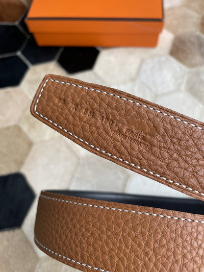 H CONTANCE BELT 32MM SILVER BUCKLE BLACK DARK BROWN LEATHER