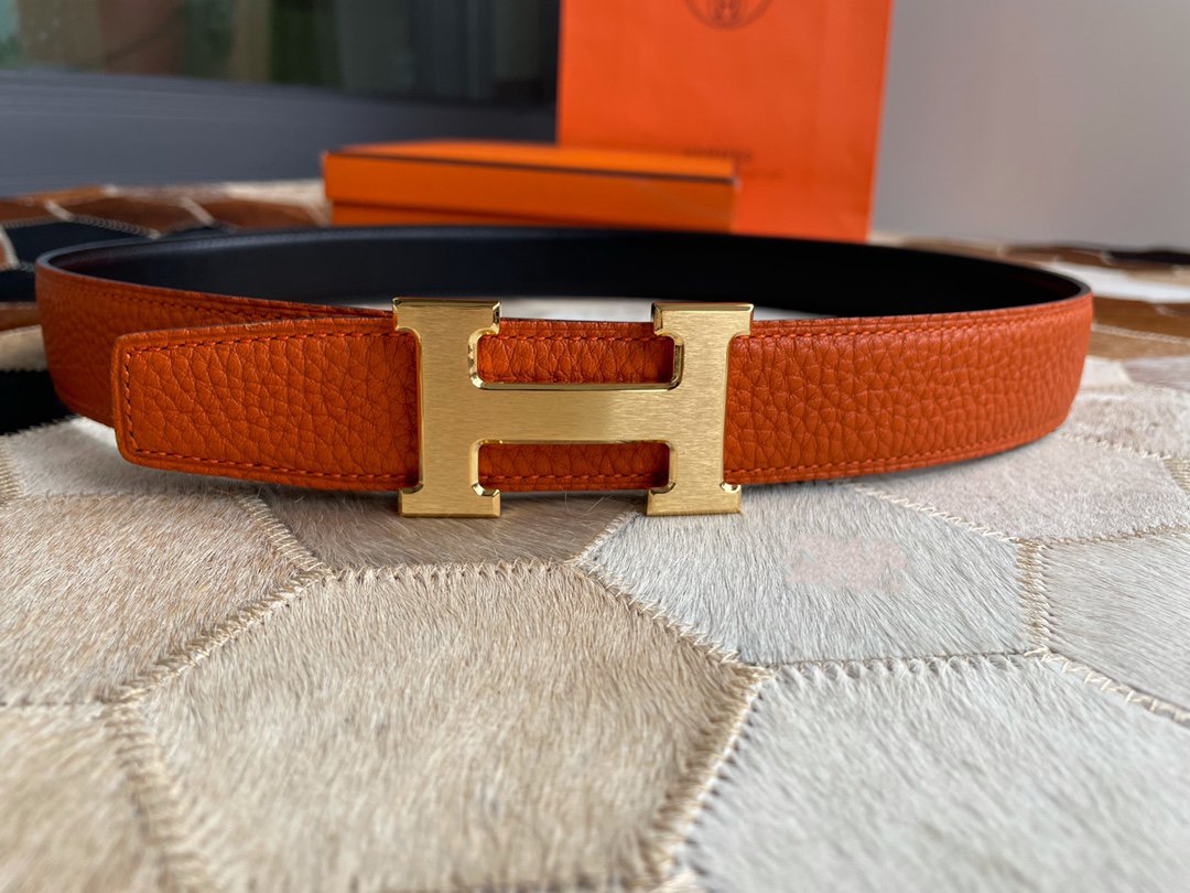 H CONTANCE BELT 32MM GOLD BUCKLE BLACK ORANGE LEATHER