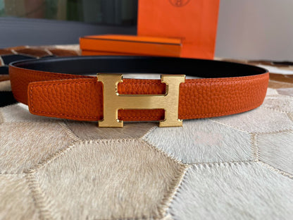 H CONTANCE BELT 32MM GOLD BUCKLE BLACK ORANGE LEATHER