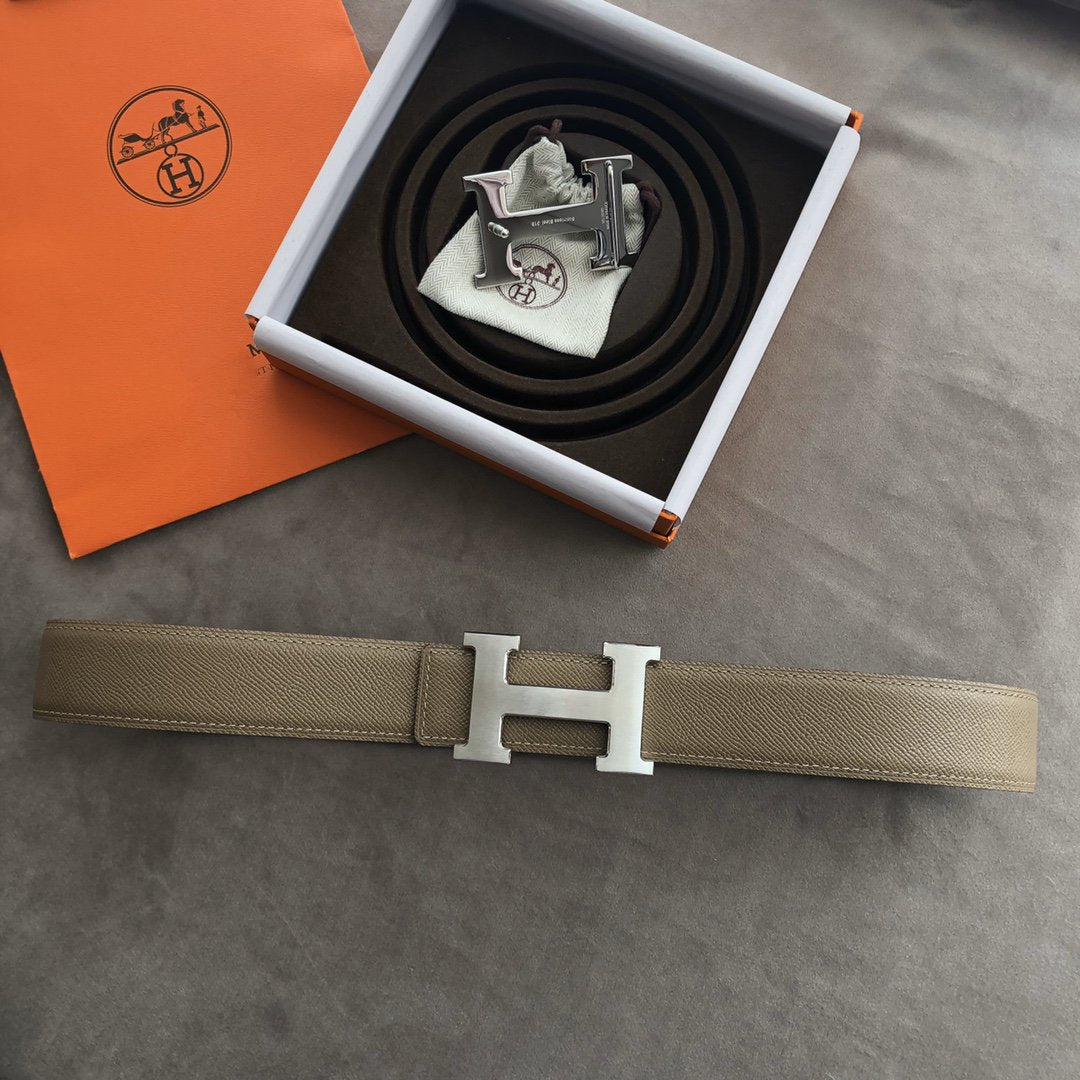 H CONTANCE BELT 38MM SILVER BUCKLE GREY LEATHER