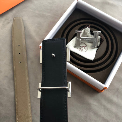 H CONTANCE BELT 38MM SILVER BUCKLE GREY LEATHER