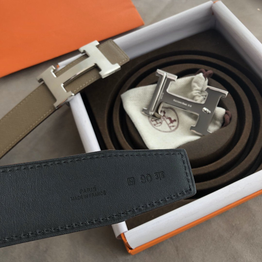 H CONTANCE BELT 38MM SILVER BUCKLE GREY LEATHER