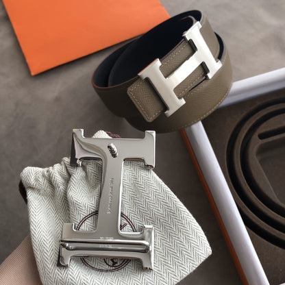 H CONTANCE BELT 38MM SILVER BUCKLE GREY LEATHER