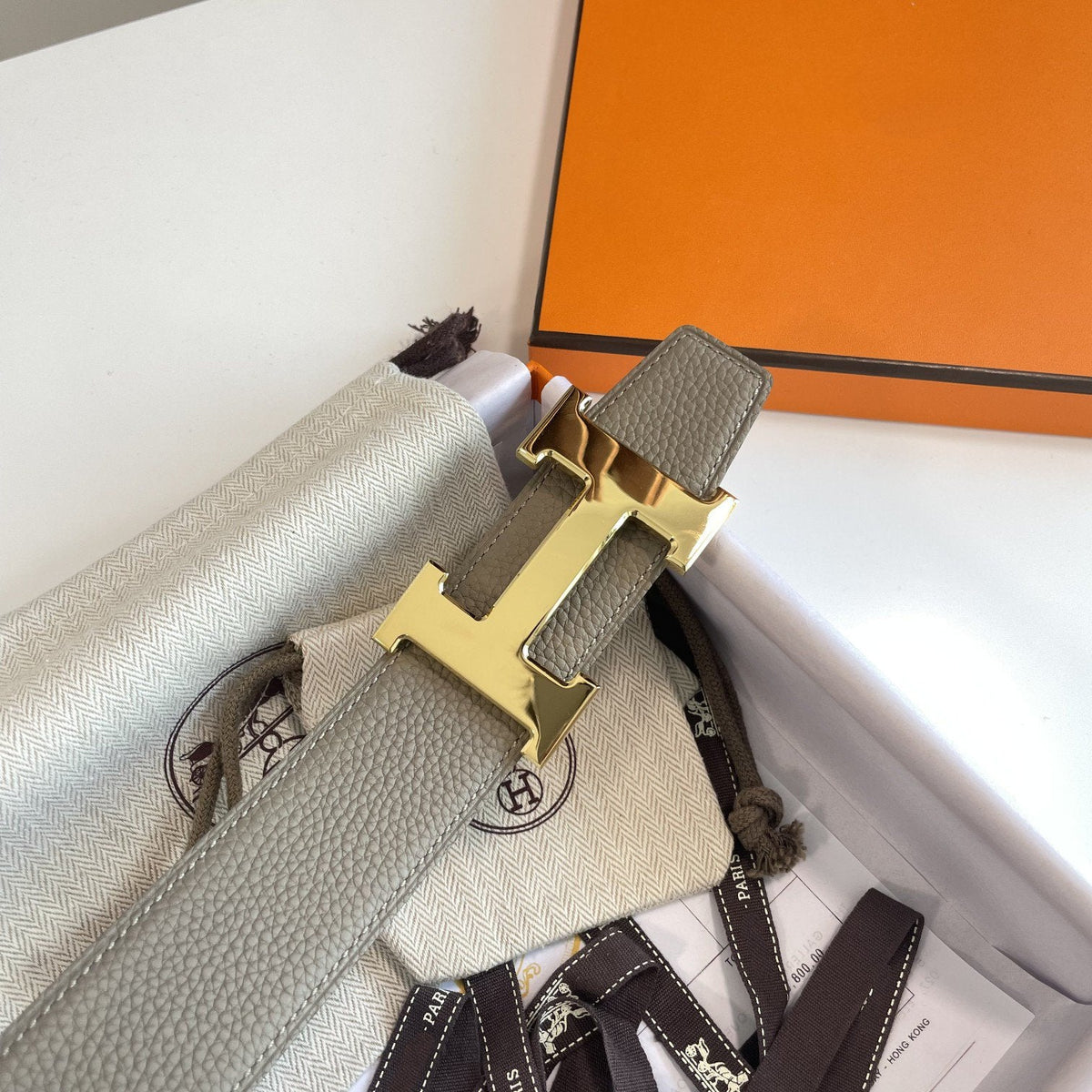 H CONTANCE BELT 38MM GOLD BUCKLE GOLD GREY LEATHER