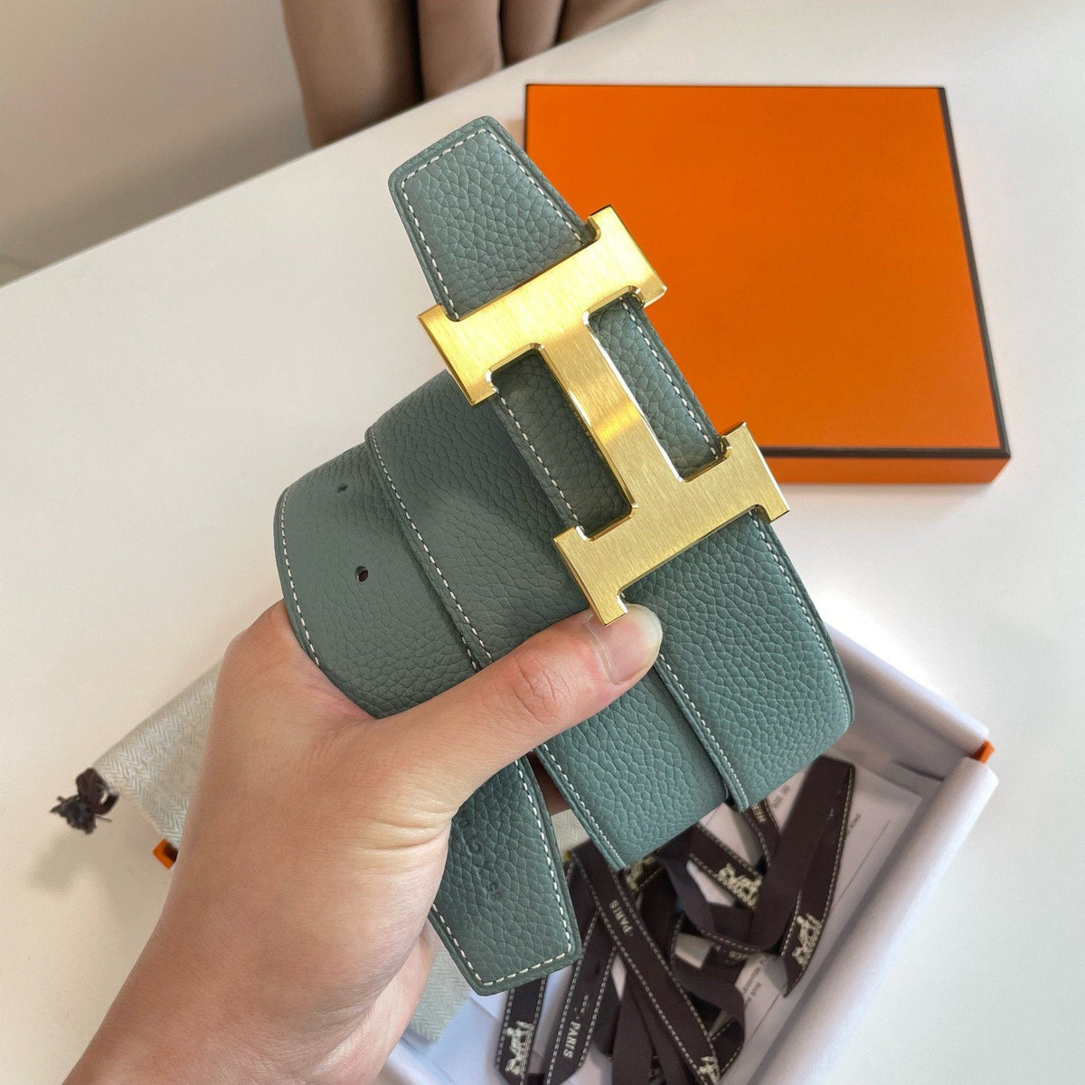 H CONTANCE BELT 38MM GOLD BUCKLE BLACK SKY BLUE LEATHER
