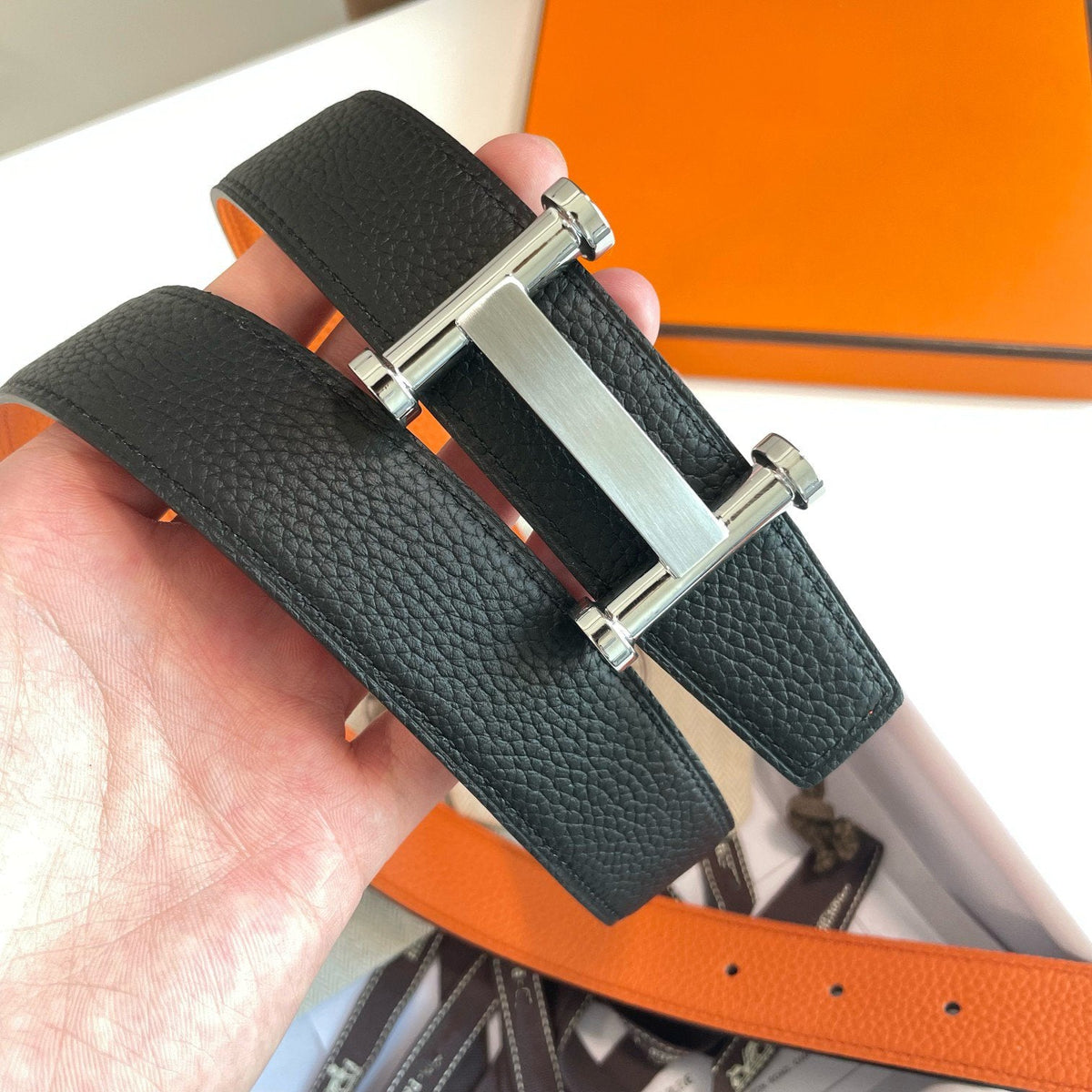 H AGORA BELT 32MM BLACK ORANGE LEATHER