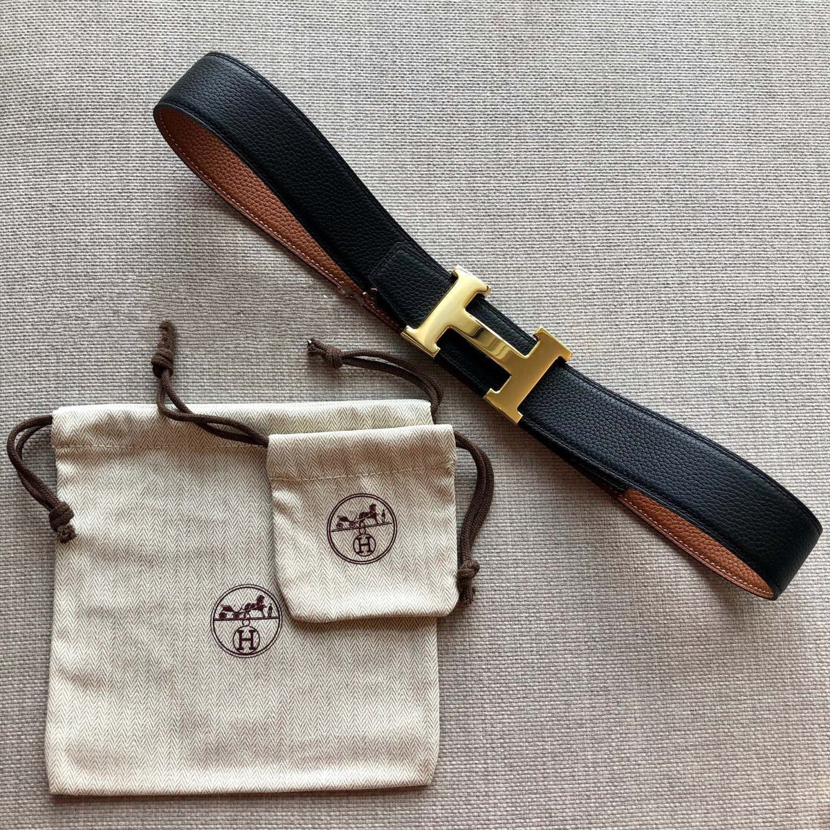 H CONTANCE BELT 38MM GOLD BUCKLE BROWN BLACK LEATHER