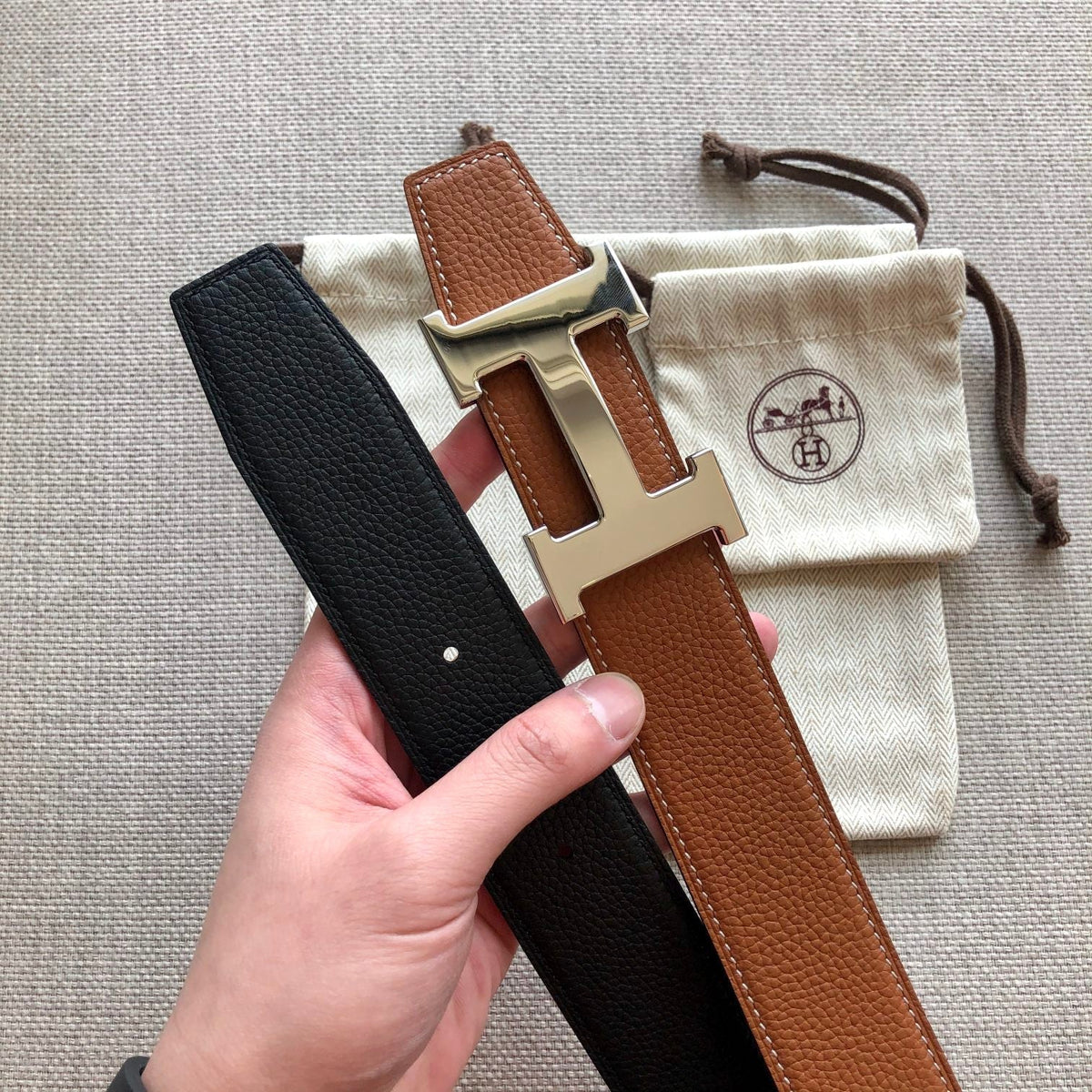 H CONTANCE BELT 38MM GOLD BUCKLE BROWN BLACK LEATHER