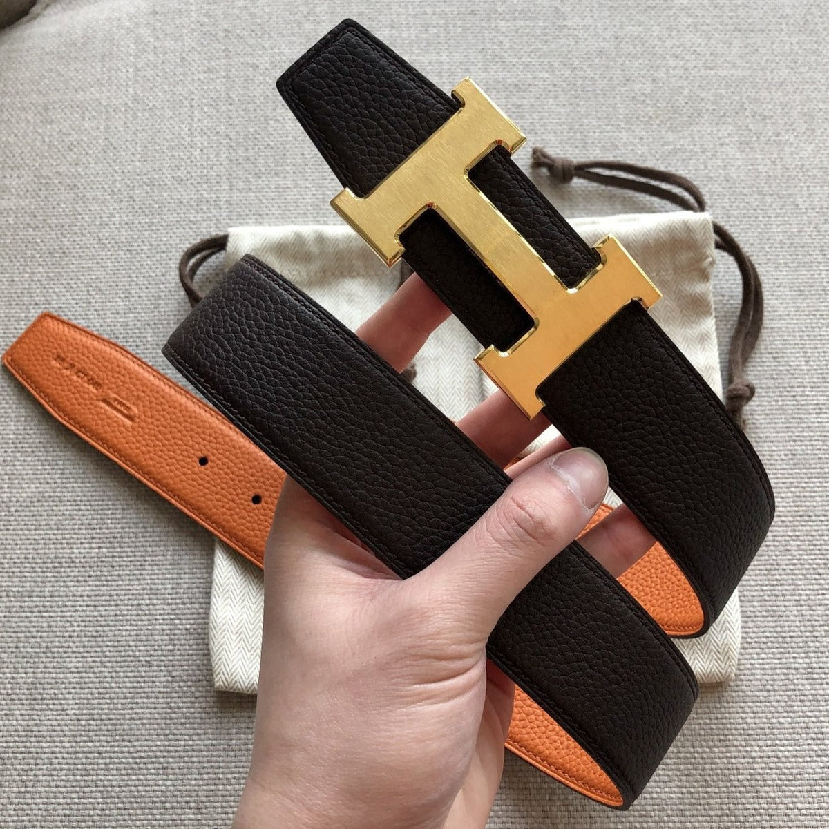 H CONTANCE BELT 38MM ORANGE BLACK LEATHER