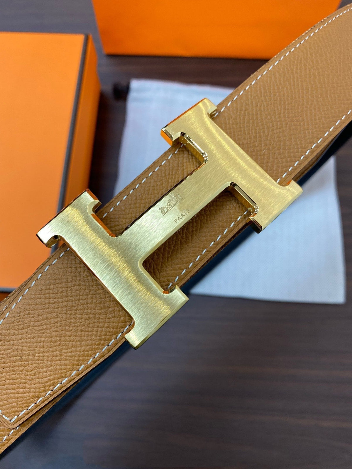 H CONTANCE BELT 38MM GOLD BUCKLE GOLD BLUE LEATHER