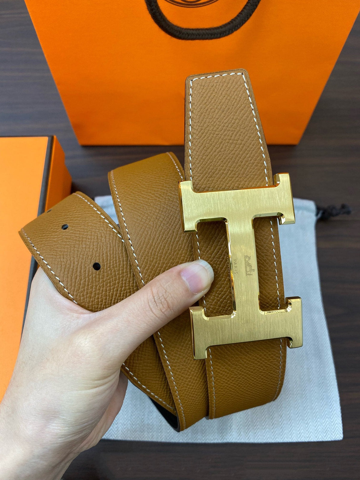 H CONTANCE BELT 38MM GOLD BUCKLE GOLD BLUE LEATHER