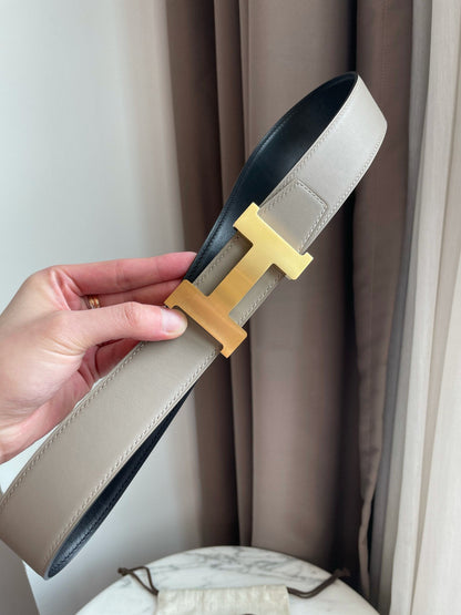 H CONTANCE BELT 38MM GOLD BUCKLE GREY BLACK LEATHER