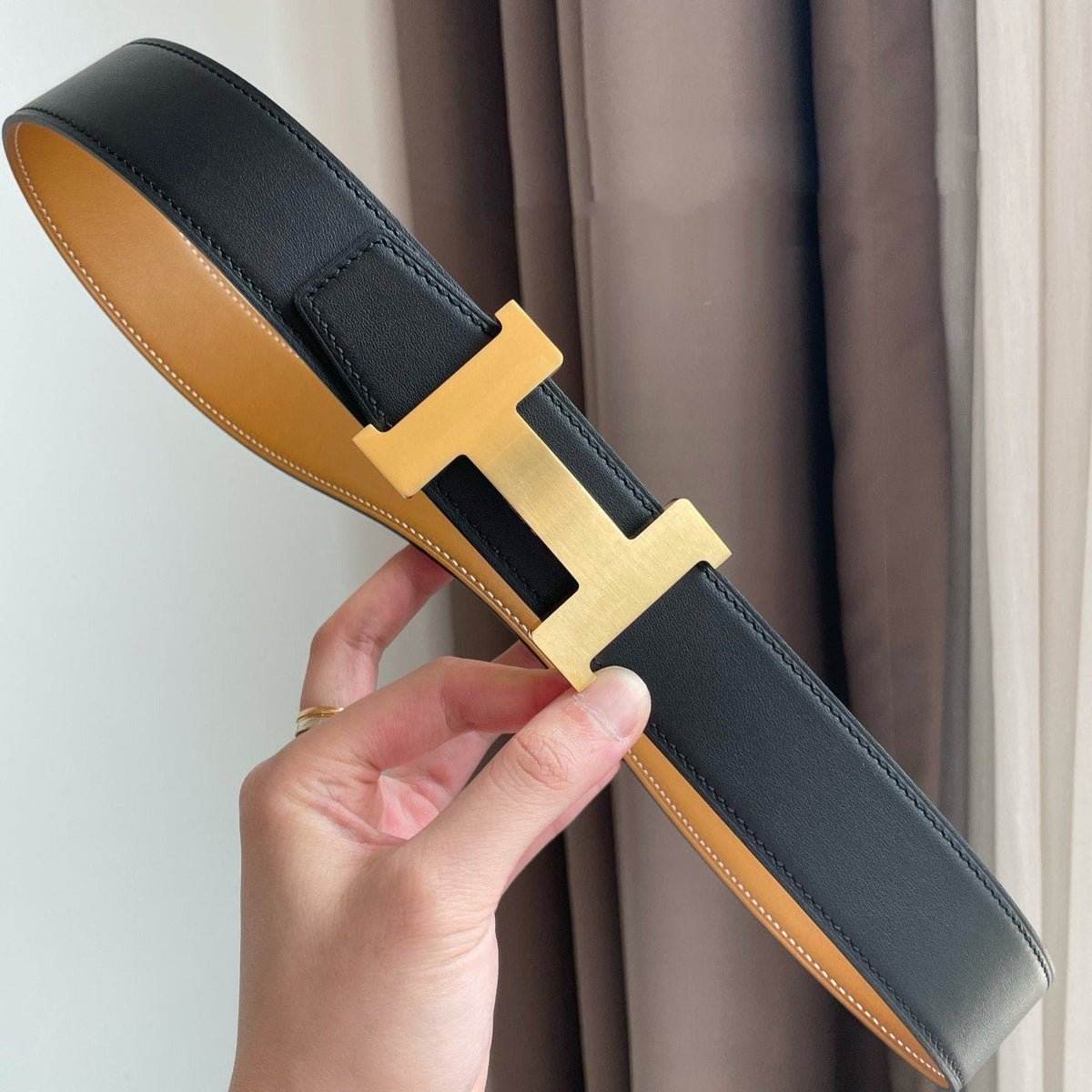 H CONTANCE BELT 38MM BLACK GOLD LEATHER