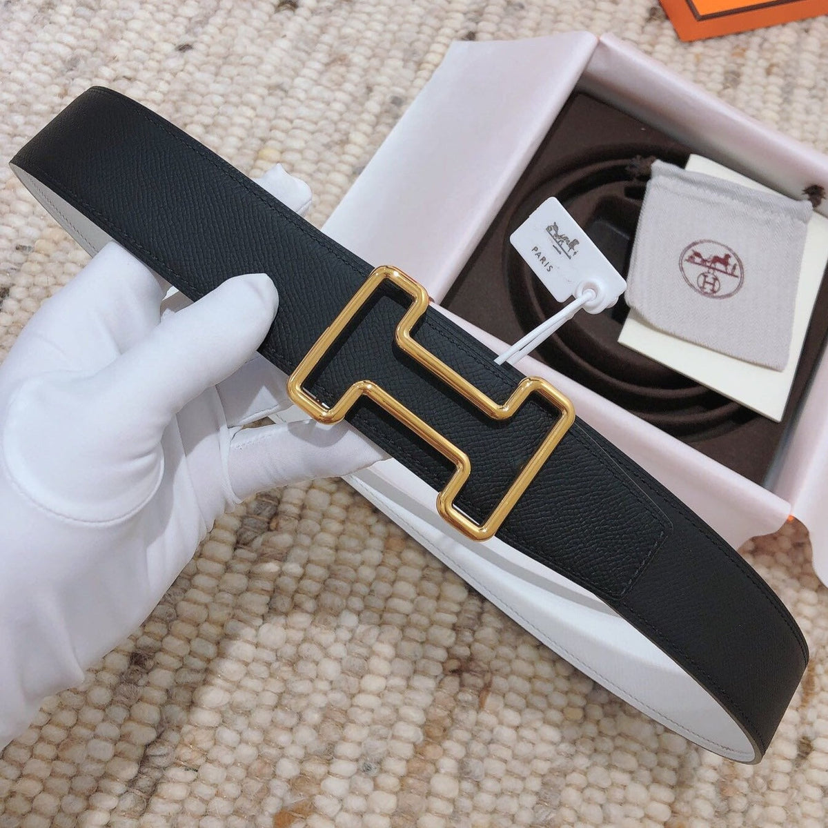 H TONIGHT BELT 38MM BLACK WHITE LEATHER