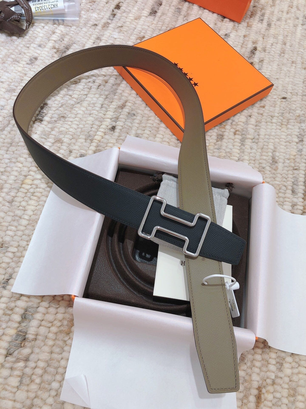 H TONIGHT BELT 38MM BLACK GREEN GREY LEATHER