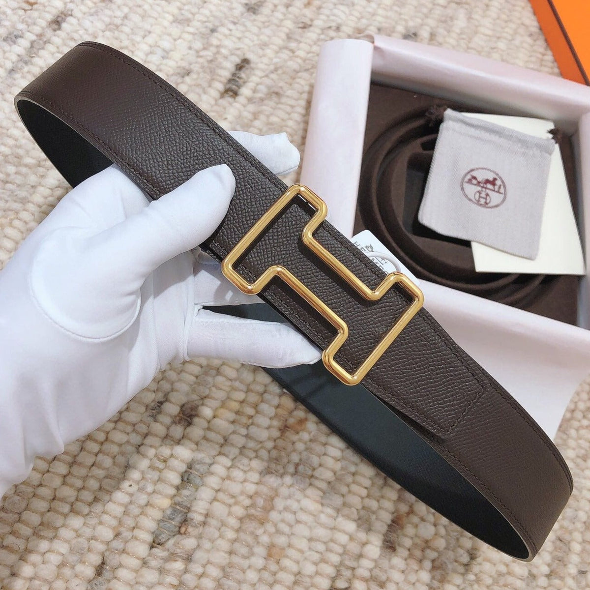 H TONIGHT BELT 38MM CHOCOLATE PRUSSIAN BLUE LEATHER