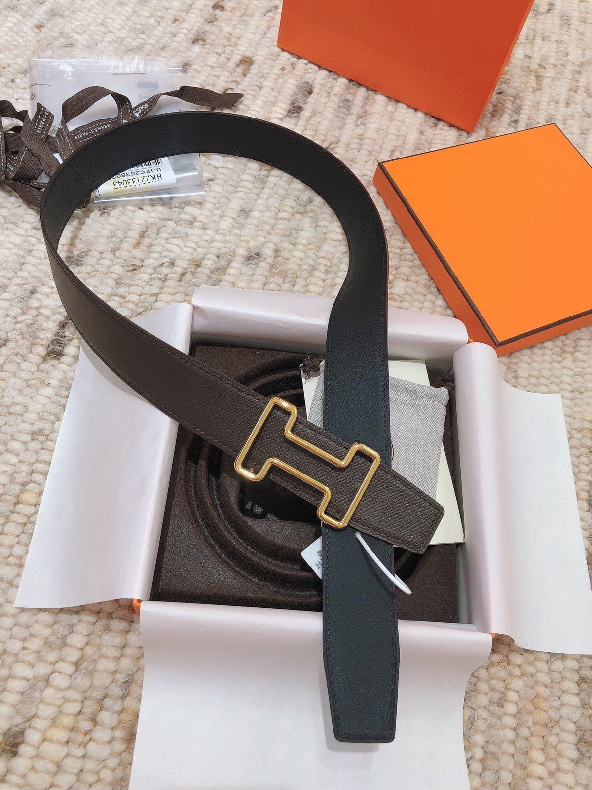 H TONIGHT BELT 38MM CHOCOLATE PRUSSIAN BLUE LEATHER