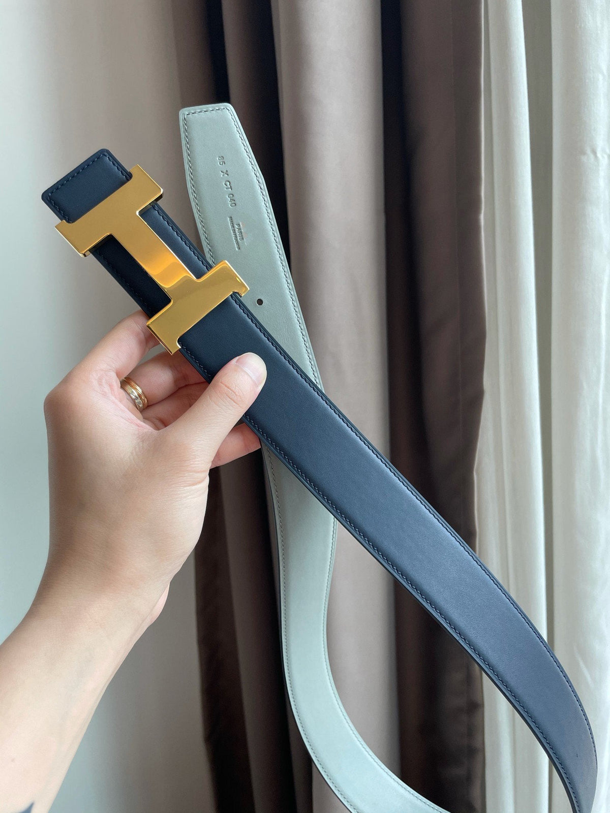 H CONSTANCE BELT 38MM GOLD BUCKLE PRUSSIAN BLUE SKY BLUE LEATHER