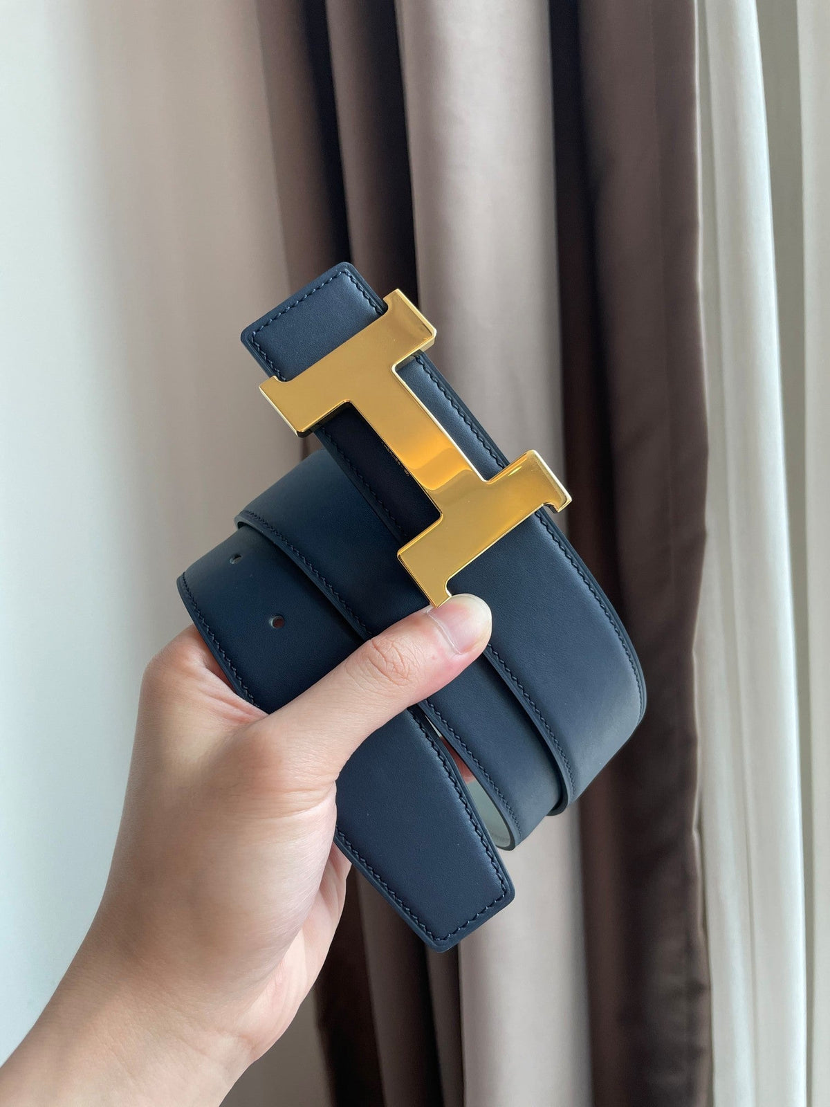 H CONSTANCE BELT 38MM GOLD BUCKLE PRUSSIAN BLUE SKY BLUE LEATHER