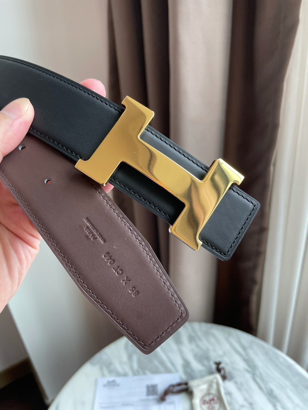 H CONSTANCE BELT 38MM GOLD BUCKLE BLACK CHOCOLATE LEATHER