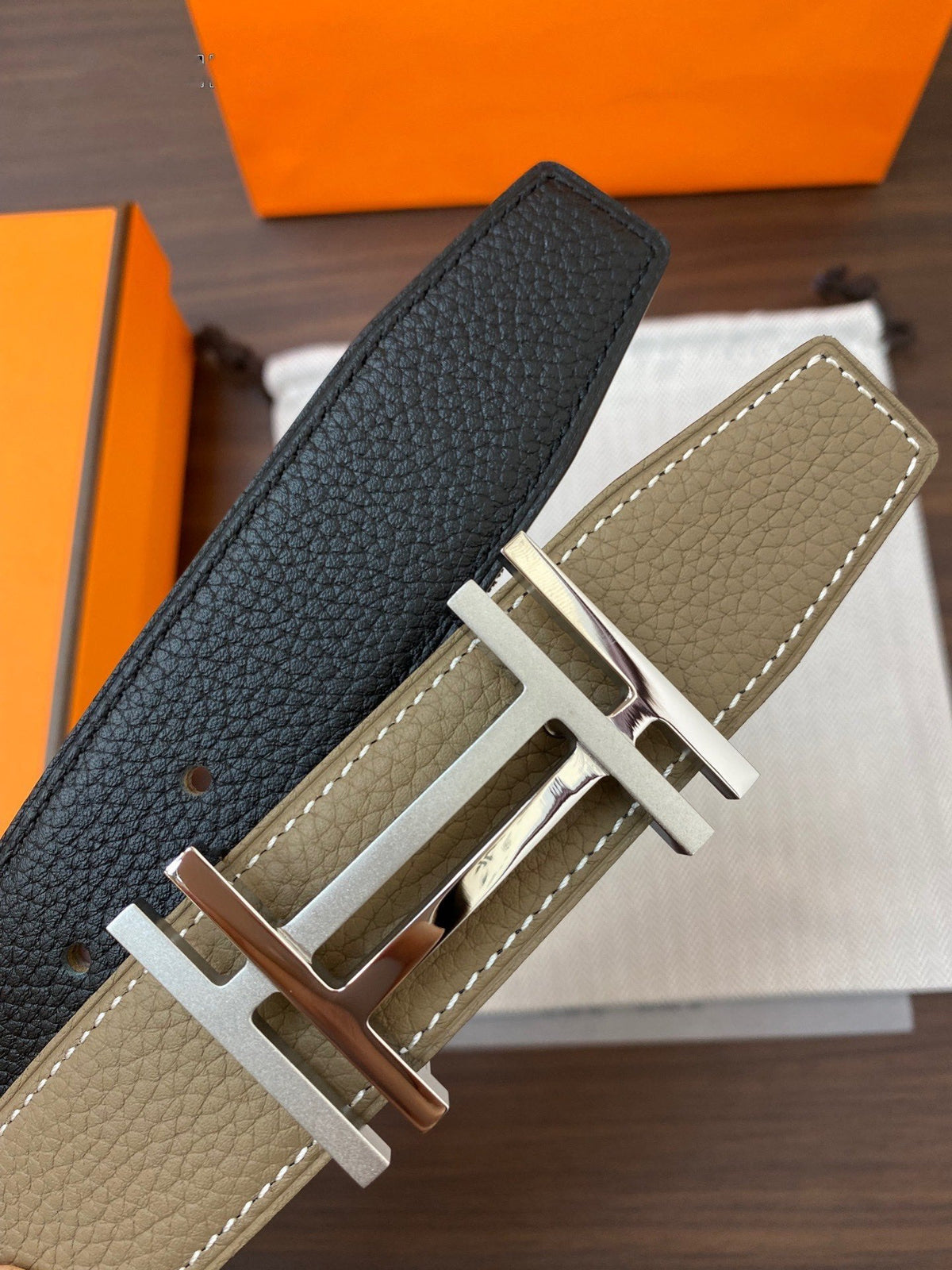 DOUBLE H BELT 32MM SILVER BUCKLE BLACK ETOUPE LEATHER