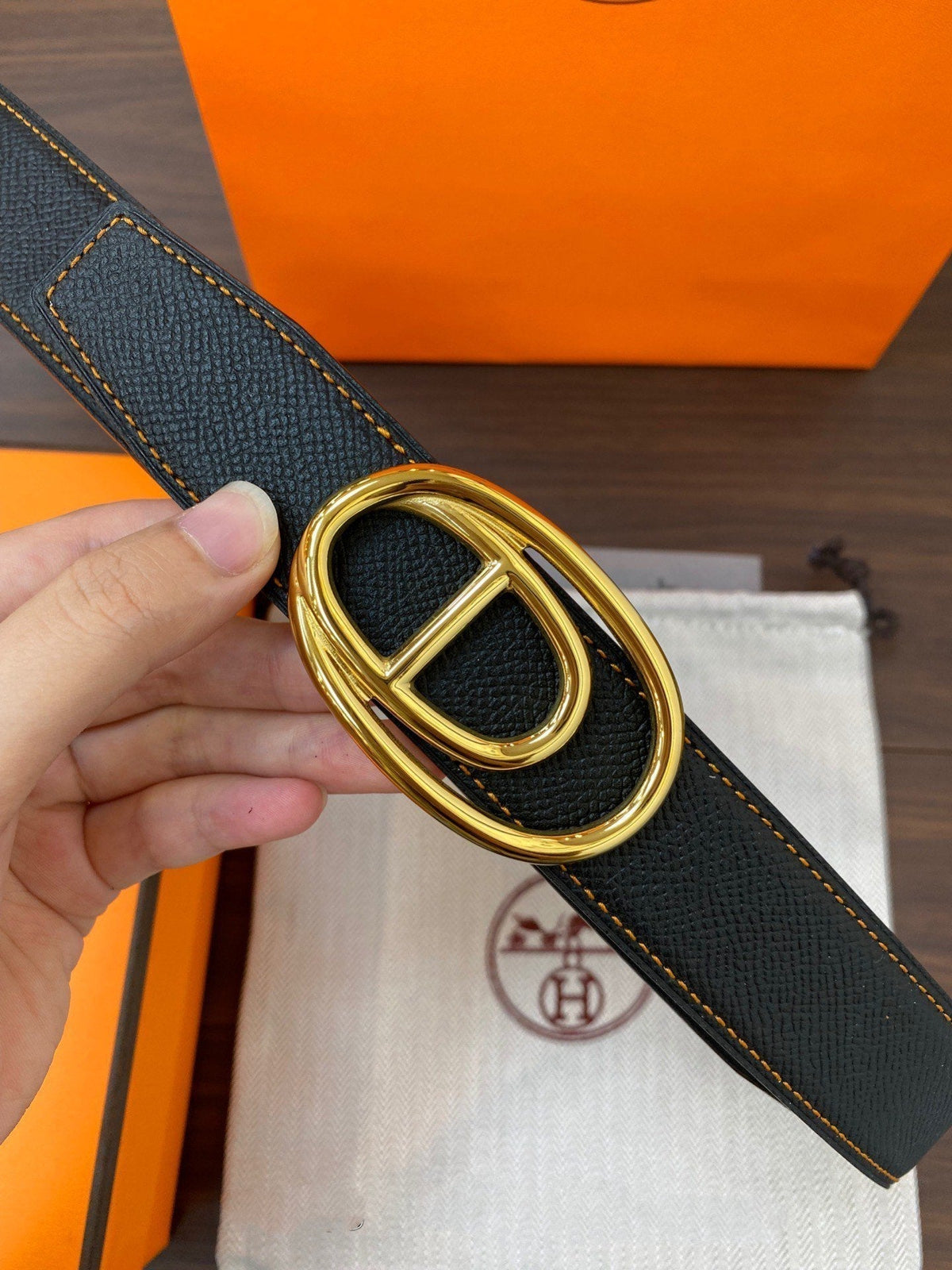 H ODYSSEE RIVERSIBLE BELT 32MM GOLD BUCKLE WHITE BLACK LEATHER