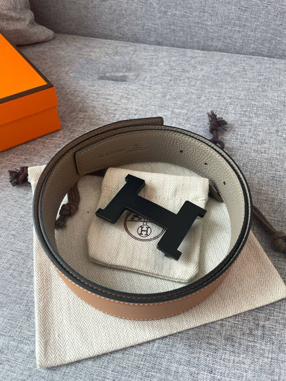 H CONSTANCE REVERSIBLE BELT 38MM BLACK BUCKLE GOLD TIN GREY LEATHER