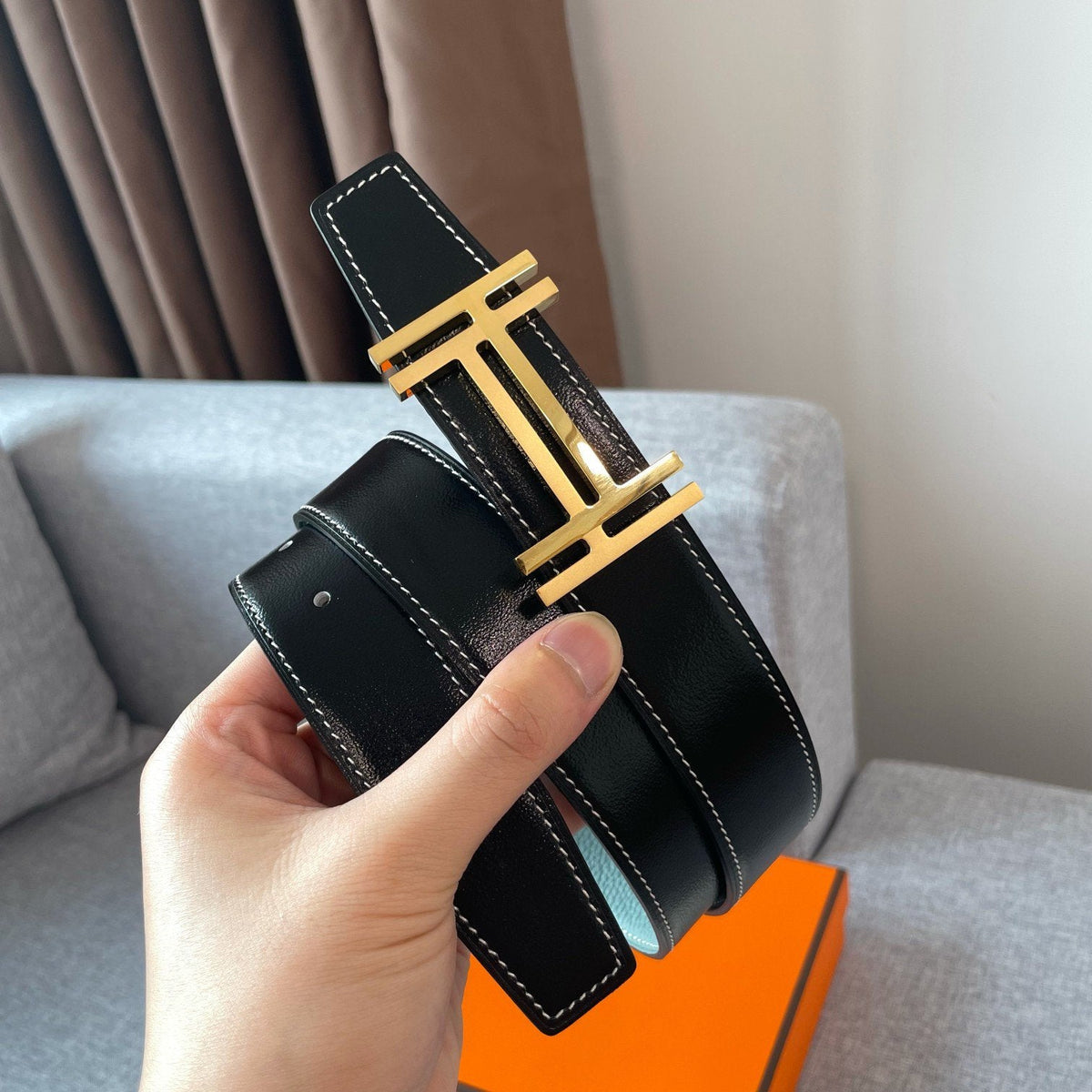 DOUBLE H REVERSIBLE BELT 32MM GOLD BUCKLE BLACK SKY BLUE LEATHER