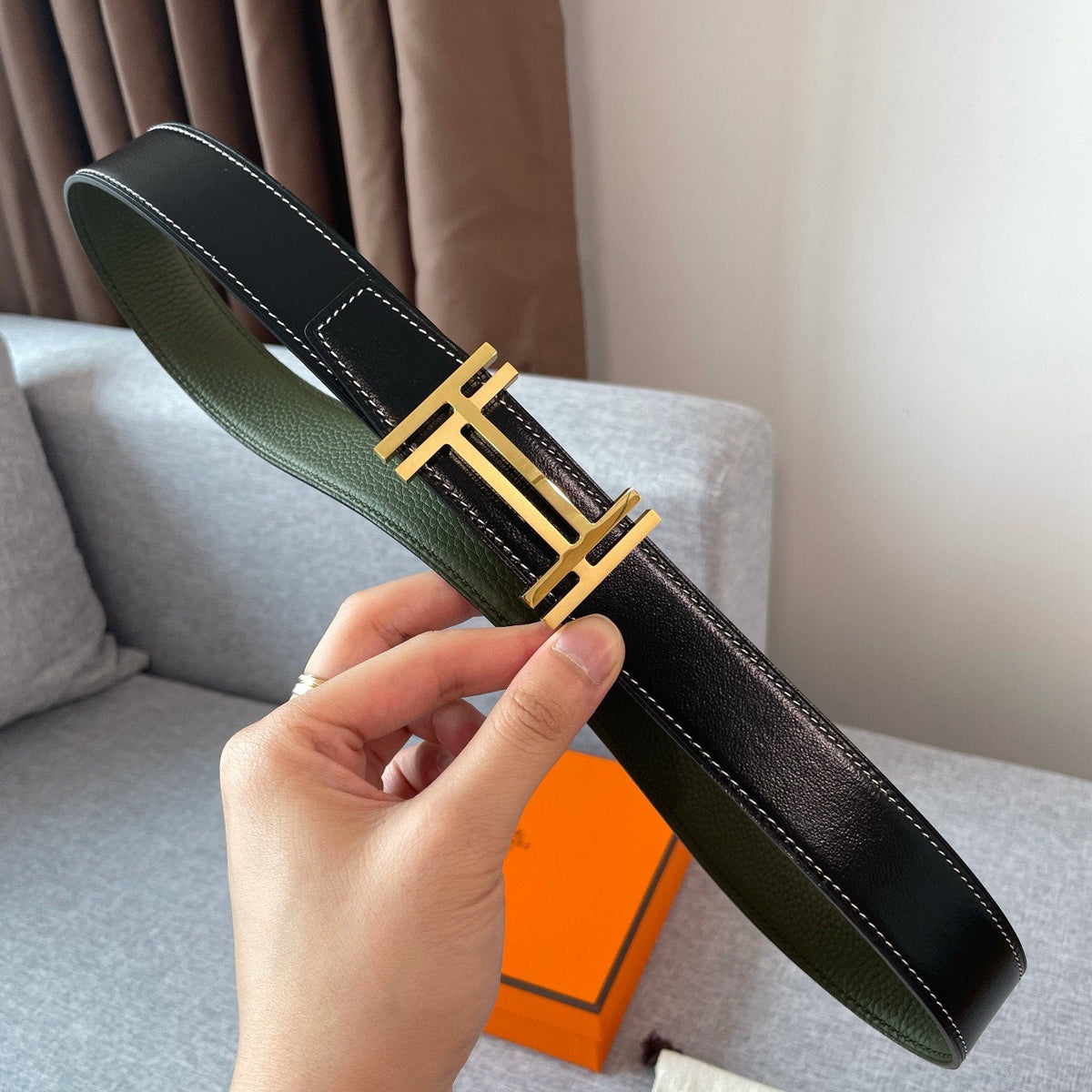 DOUBLE H REVERSIBLE BELT 32MM GOLD BUCKLE BLACK DARK GREEN LEATHER