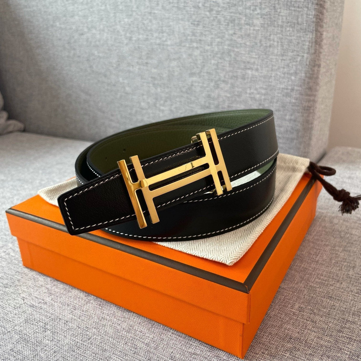 DOUBLE H REVERSIBLE BELT 32MM GOLD BUCKLE BLACK DARK GREEN LEATHER
