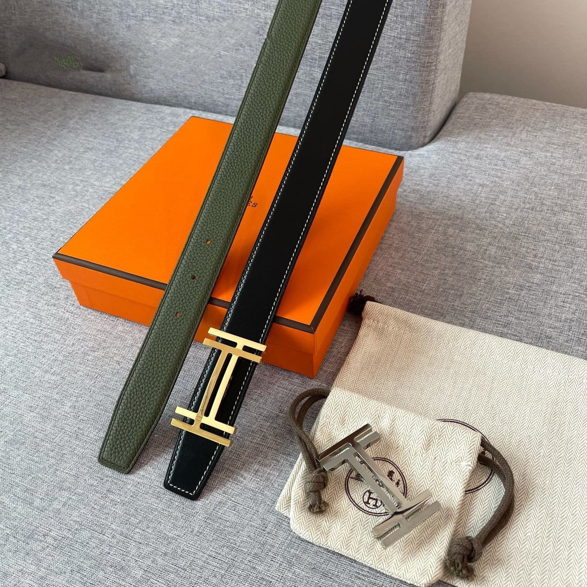 DOUBLE H REVERSIBLE BELT 32MM GOLD BUCKLE BLACK DARK GREEN LEATHER