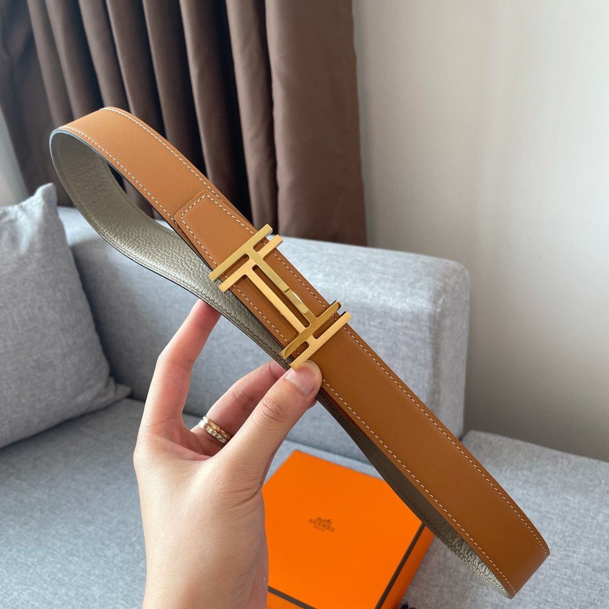 DOUBLE H REVERSIBLE BELT 32MM GOLD BUCKLE TIN GREY GOLD LEATHER