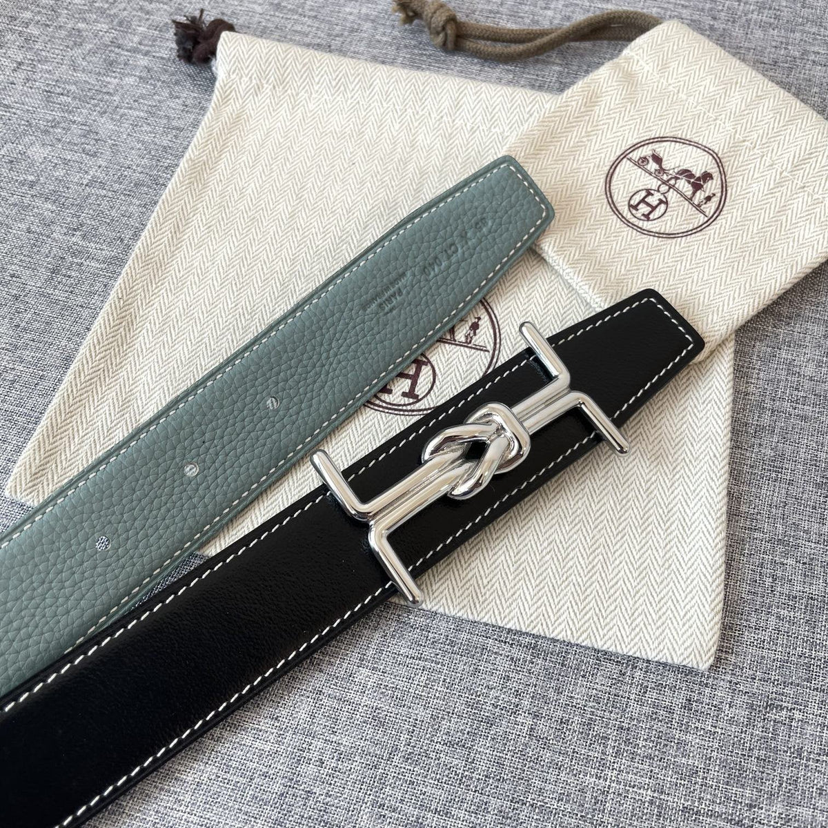 H MARIN REVERSIBLE BELT 32MM SILVER BUCKLE SKY BLUE BLACK LEATHER