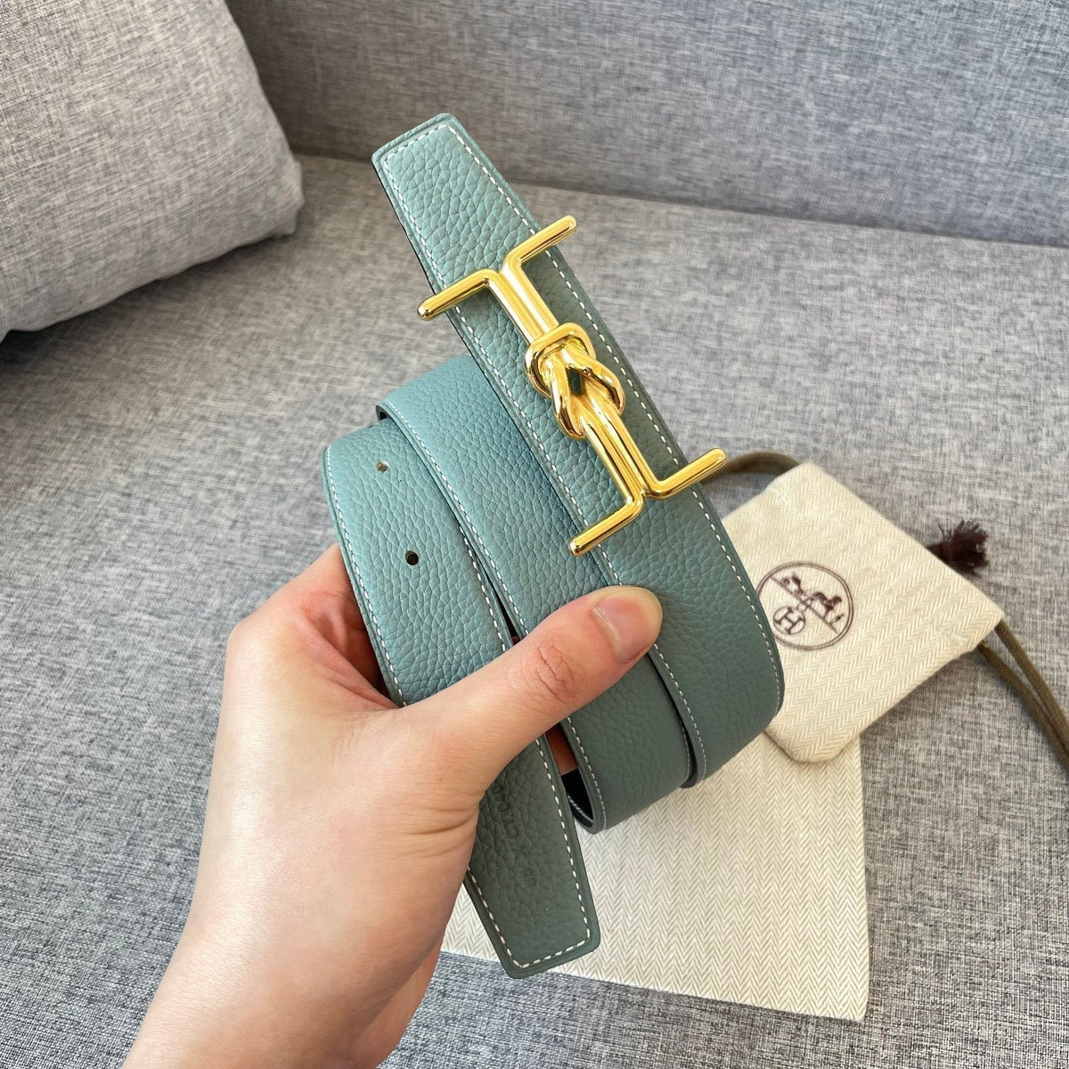 H MARIN REVERSIBLE BELT 32MM GOLD BUCKLE BLACK SKY BLUE LEATHER