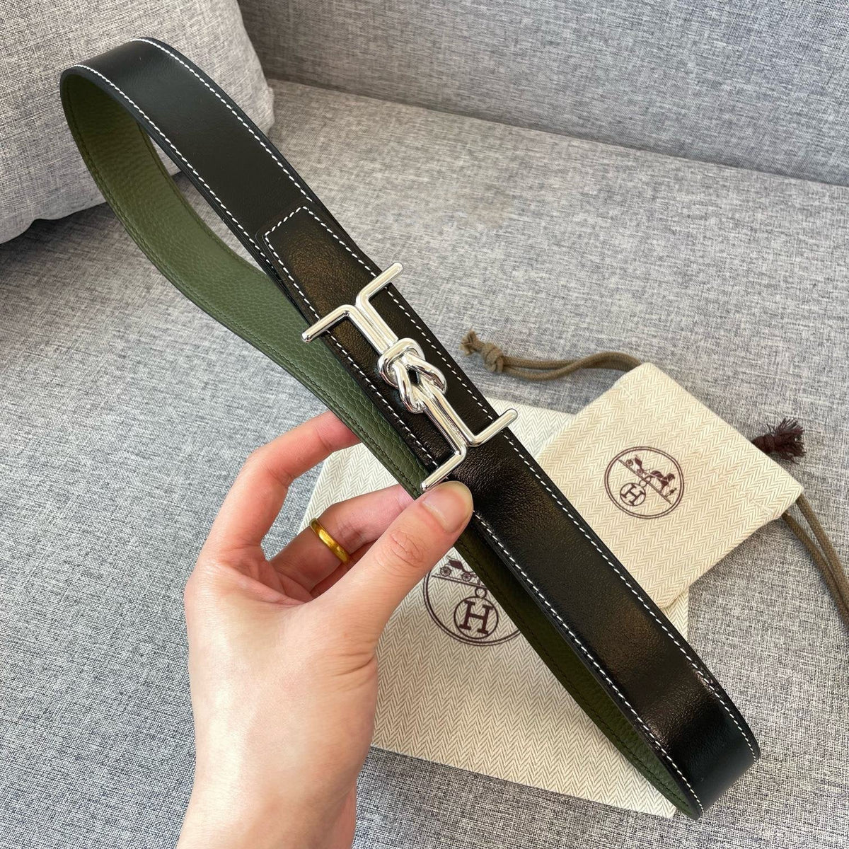 H MARIN REVERSIBLE BELT 32MM SILVER BUCKLE BLACK DARK GREEN LEATHER
