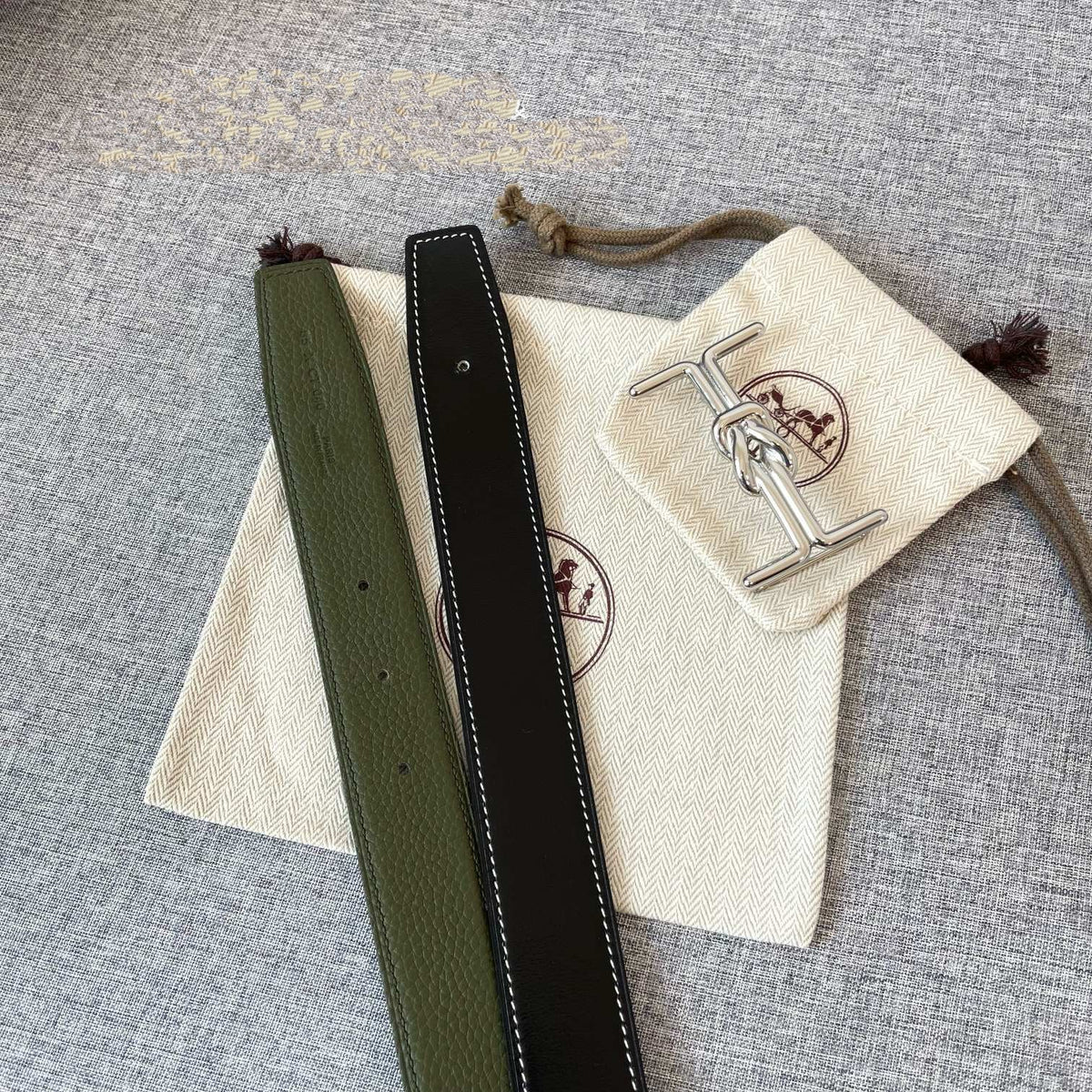 H MARIN REVERSIBLE BELT 32MM SILVER BUCKLE BLACK DARK GREEN LEATHER