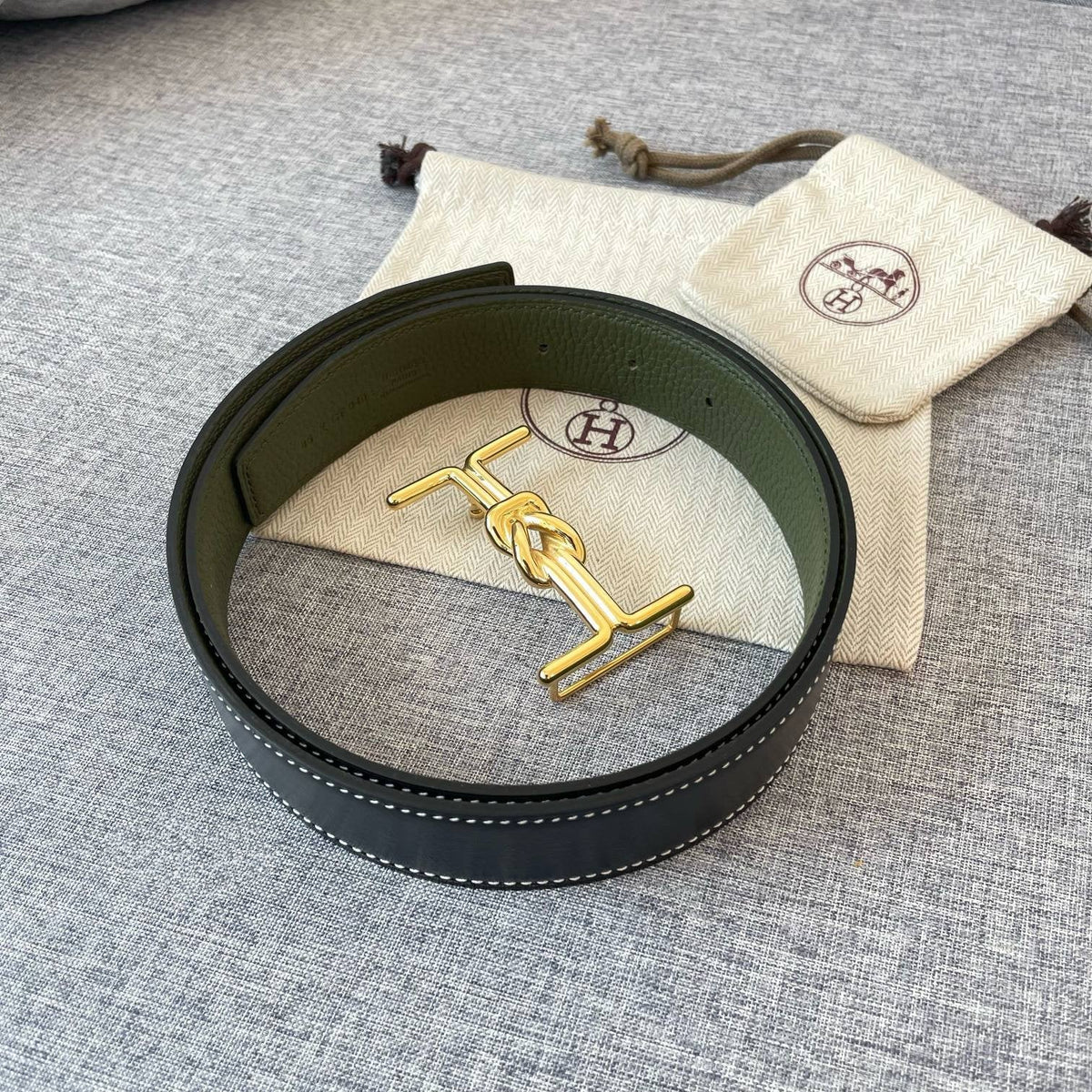 H MARIN REVERSIBLE BELT 32MM GOLD BUCKLE BLACK DARK GREEN LEATHER