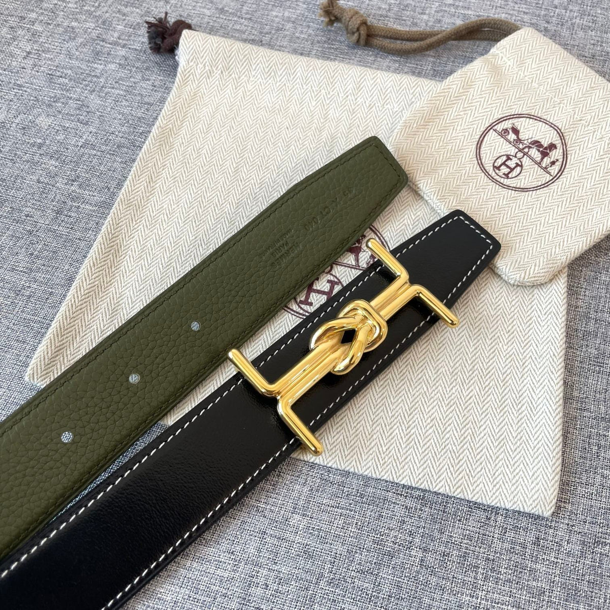 H MARIN REVERSIBLE BELT 32MM GOLD BUCKLE BLACK DARK GREEN LEATHER