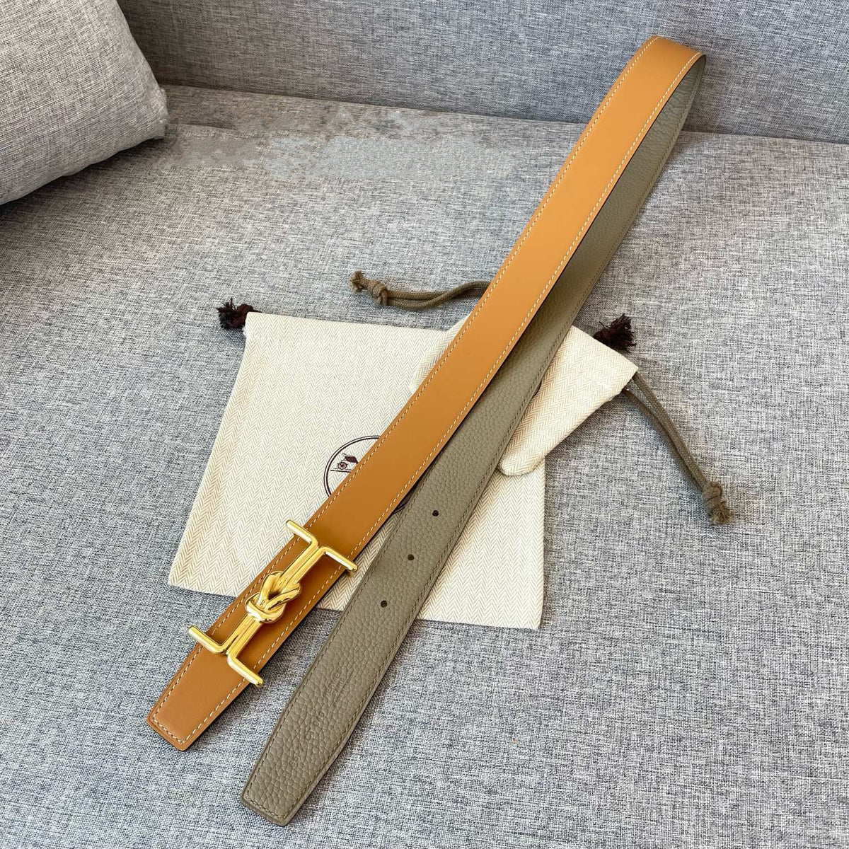 H MARIN REVERSIBLE BELT 32MM GOLD BUCKLE TIN GREY GOLD LEATHER